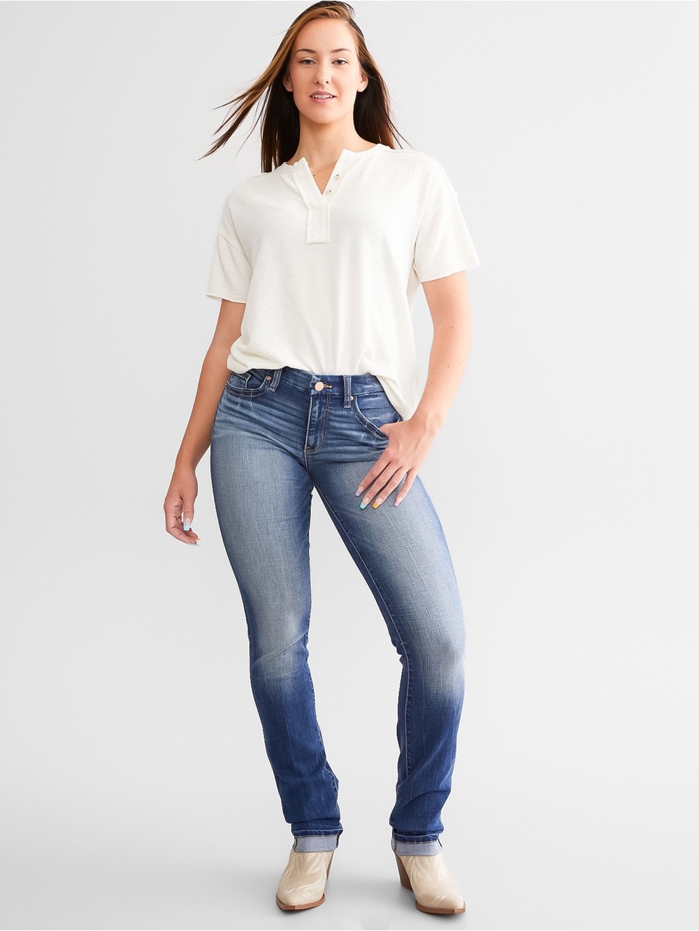 BKE Women’s Payton Mid Rise Straight Stretch Universal Fit Jean 28X30